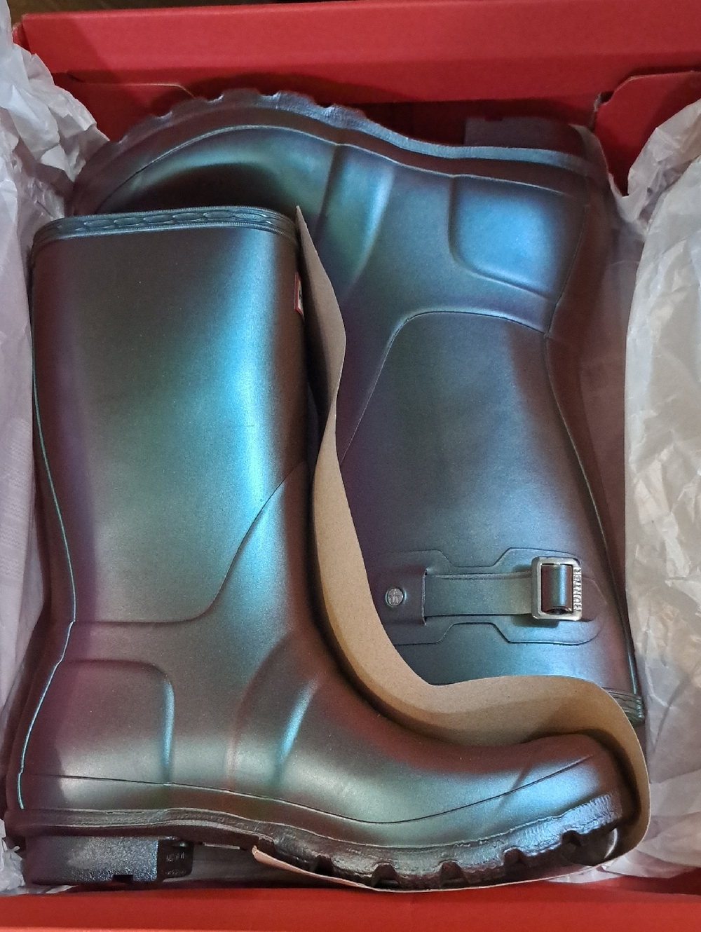 Hunter Iridescent Green-Blue Short Rain Boots
